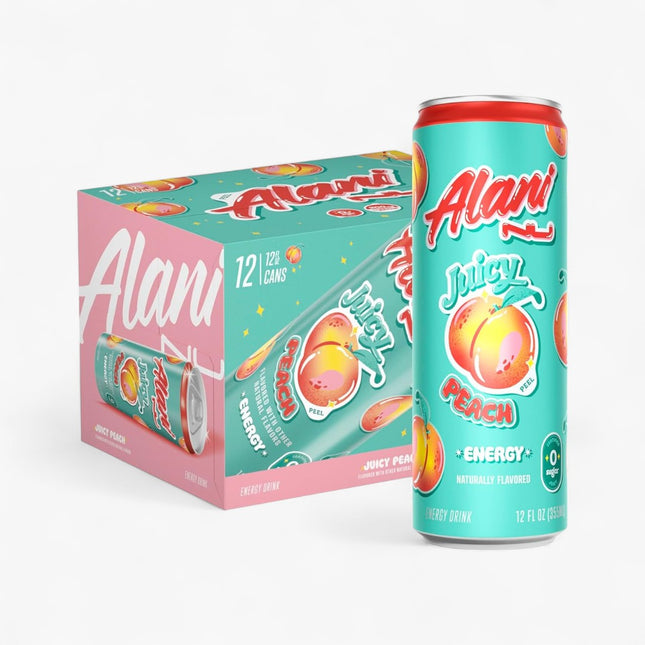 Alani Nu Juicy Peach Energy Drink – 12 Pack × 12 oz Cans