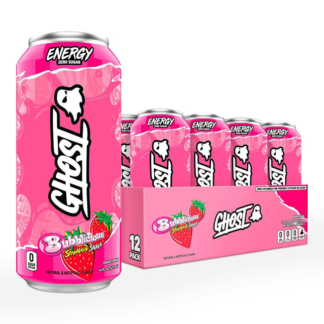 GHOST ENERGY BUBBLICIOUS STRAWBERRY SPLASH ENERGY DRINK – 12 PACK × 16 OZ CANS