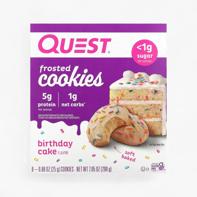 QUEST FRSTD CKIE 8PK BIRTHDAY CAKE 25G