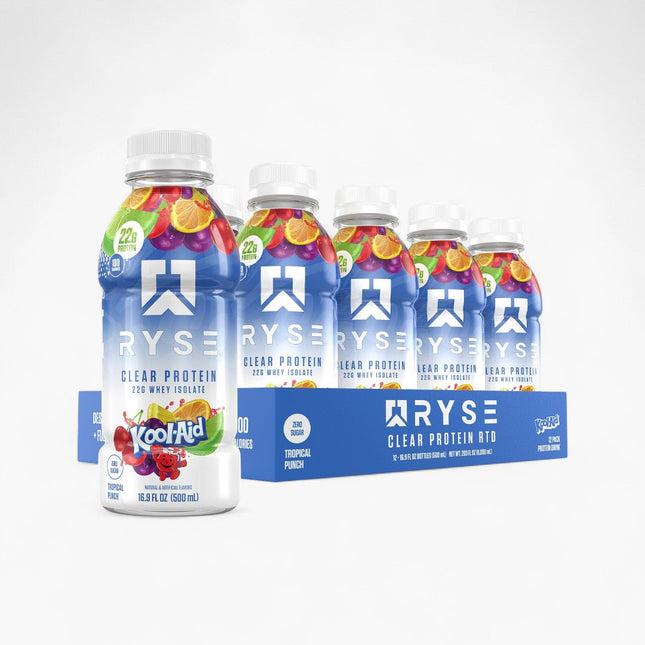 RYSE CLEAR WHEY PROTEIN DRINK - 22G PROTEIN - 12/12OZ KOOL AID TROPICAL PUNCH