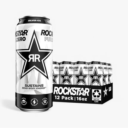 ROCKSTAR ENERGY DRINK PURE ZERO SILVER ICE 16 OZ X 12