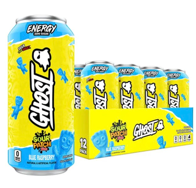 GHOST ENERGY SOUR PATCH BLUE RASPBERRY ENERGY DRINK – 12 PACK × 16 OZ CANS